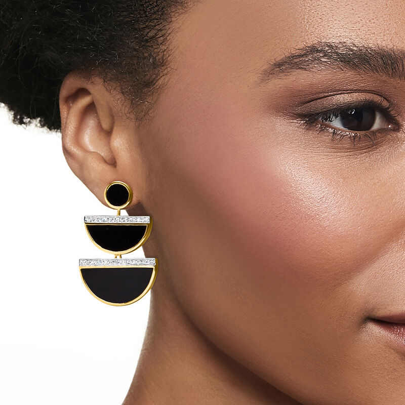 Onyx and .80 ct. t.w. White Topaz Geometric Drop Earrings in 18kt Gold Over Sterling  image number 1