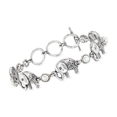 4.5-5mm Cultured Pearl and Sterling Silver Elephant Toggle Bracelet