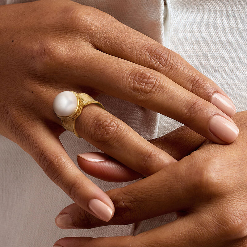 12mm Cultured Button Pearl Ring in 18kt Gold Over Sterling image number 1
