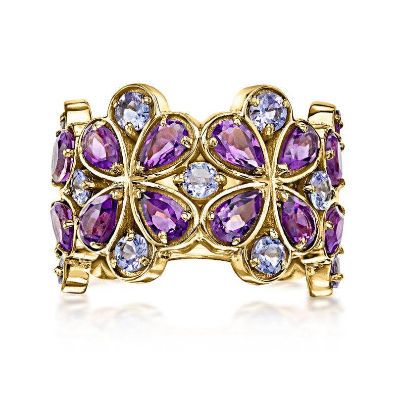 3.60 ct. t.w. Amethyst and 2.00 ct. t.w. Tanzanite Flower Ring in 18kt Gold Over Sterling image number 0