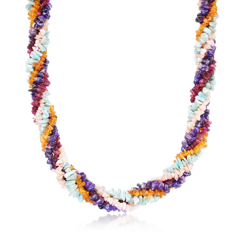 Multi-Gemstone Torsade Necklace with 18kt Gold Over Sterling. 18&quot; image number 1