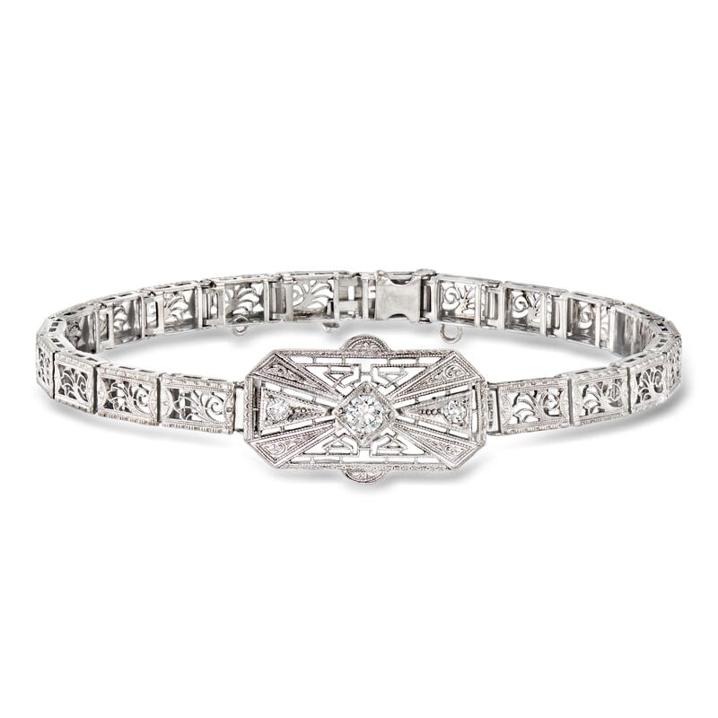 C. 1950 Vintage .30 ct. t.w. Diamond Openwork Bracelet in 14kt White Gold and Platinum. 7" image number 0