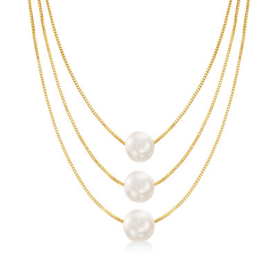 9-9.5mm Cultured Pearl Three-Strand Layered Necklace in 18kt Gold Over Sterling