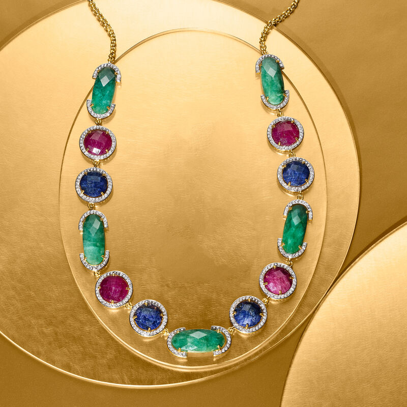 110.00 ct. t.w. Multi-Gemstone and 4.50 ct. t.w. White Topaz Frame Necklace in 18kt Gold Over Sterling. 18&quot; image number 2