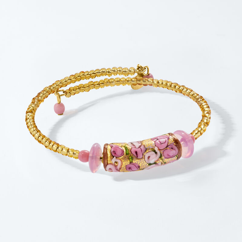 Italian Pink Murano Glass Floral Bead Wrap Bracelet image number 2