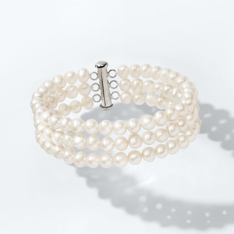 5-6mm Cultured Pearl Three-Strand Bracelet with Sterling Silver image number 2
