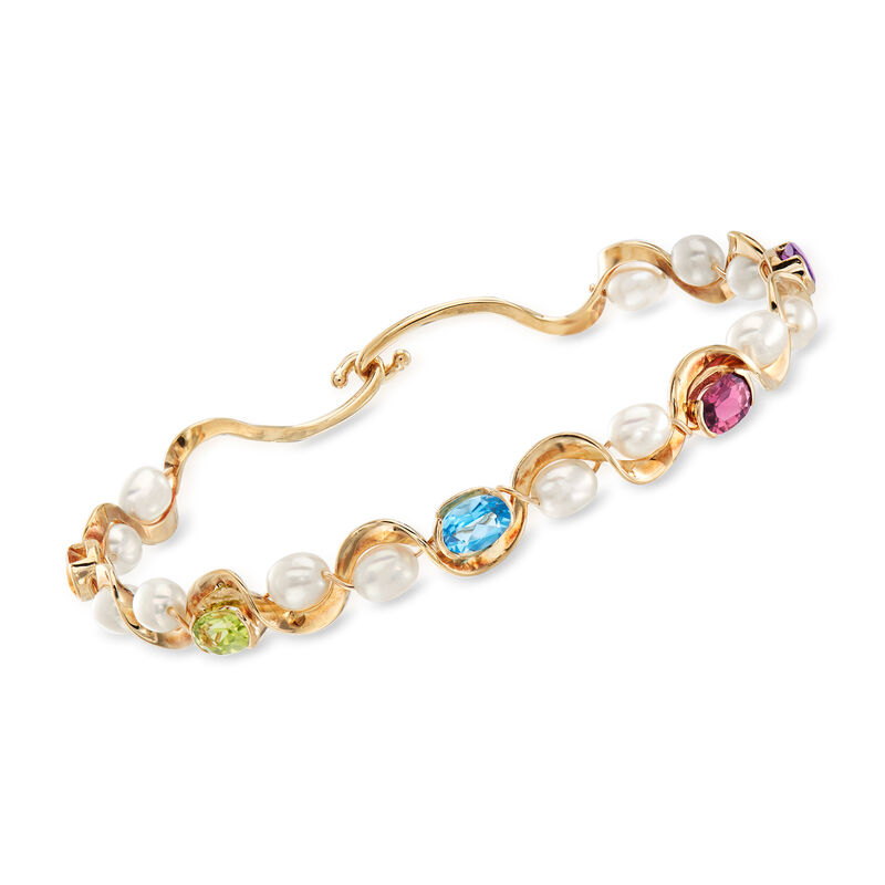 C. 1990 Vintage Cultured Pearl and 2.30 ct. t.w. Multi-Gemstone Bangle Bracelet in 14kt Yellow Gold image number 0