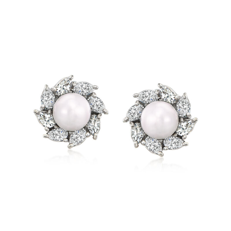 5-6mm Cultured Pearl and 1.30 ct. t.w. CZ Jewelry Set: Halo Earrings and Necklace in Sterling Silver. 16&quot; image number 3