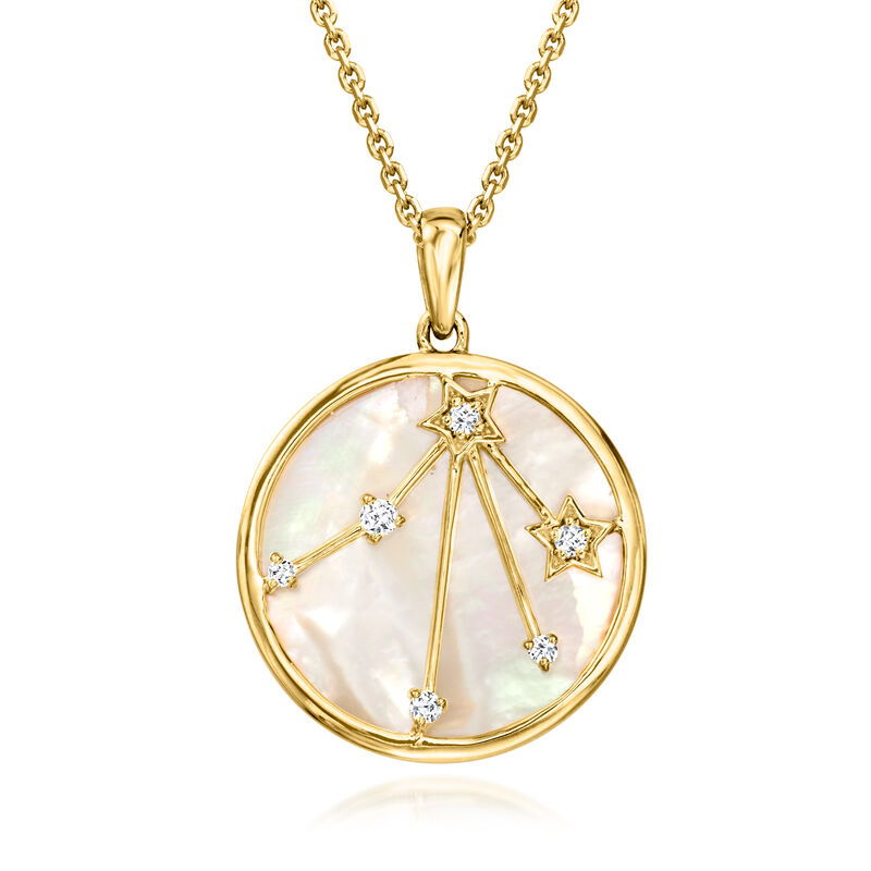 Libra - Mother-of-Pearl Zodiac Constellation Pendant Necklace with White Topaz in 18kt Gold Over Sterling. 18" image number 0