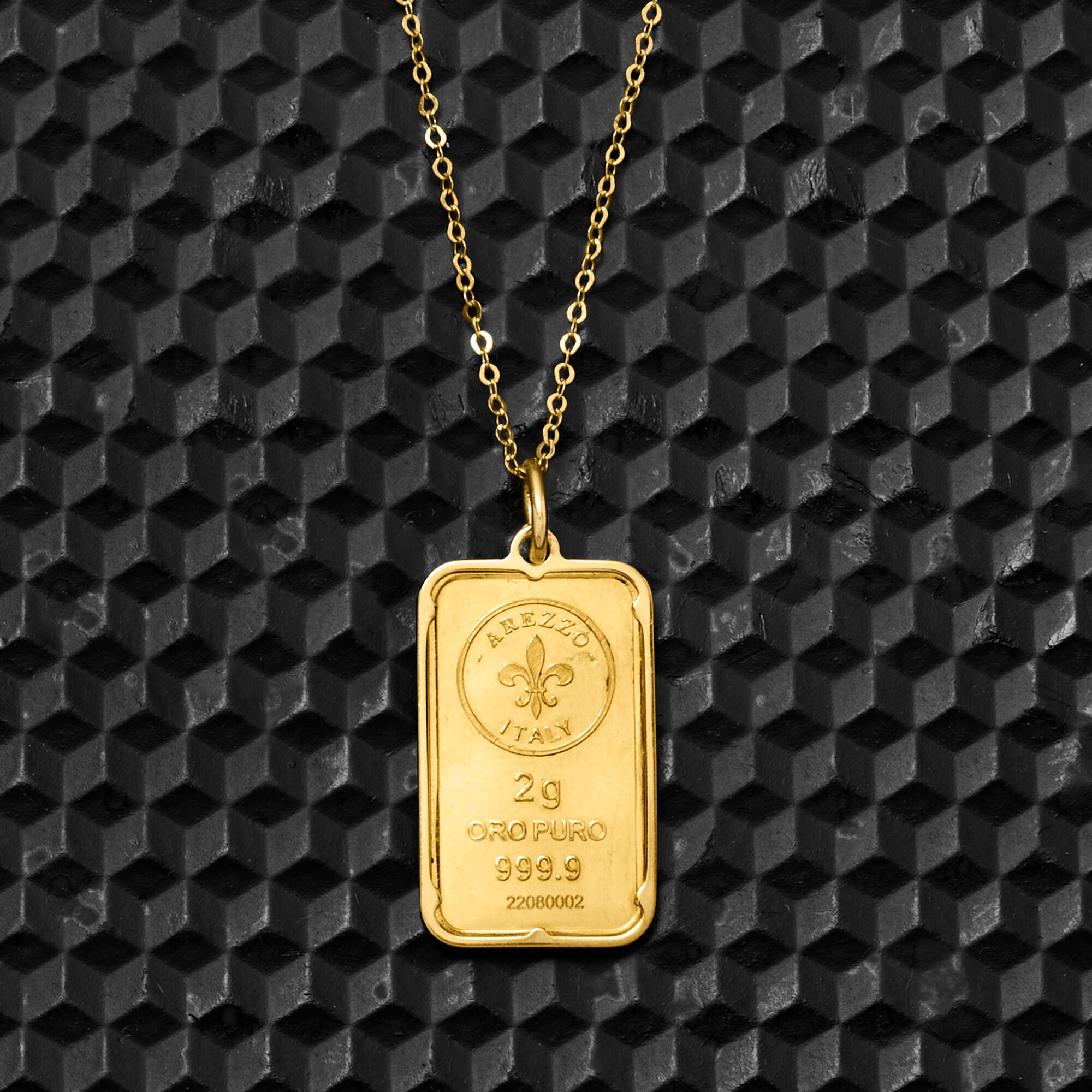 Italian 24kt Yellow Gold Fleur De Lis Two Gram Ingot Pendant Necklace with 14kt Yellow Gold Frame