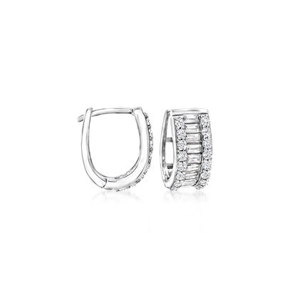 1.30 ct. t.w. Baguette and Round CZ Huggie Hoop Earrings in Sterling Silver