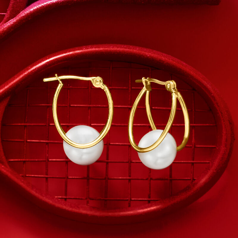 8-9mm Cultured Pearl Double-Hoop Earrings in 14kt Yellow Gold. 3/4&quot; image number 5