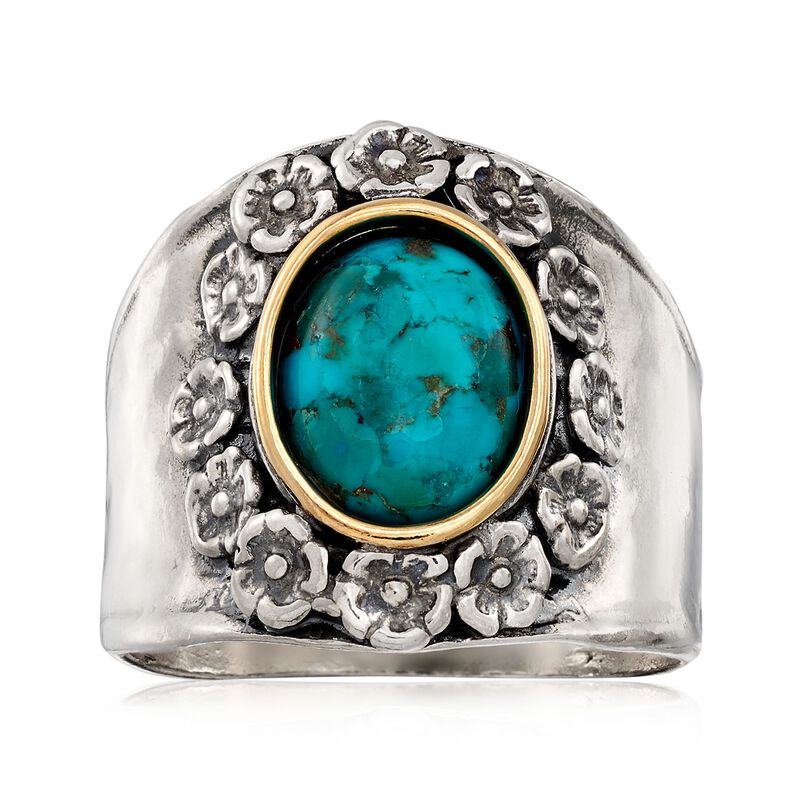 Bezel-Set Turquoise Flower Ring in Sterling Silver and 14kt Gold image number 0