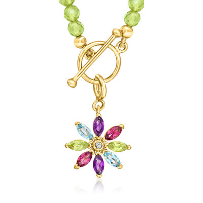 1.30 ct. t.w. Multi-Gemstone Flower Charm with Single Diamond in 18kt Gold Over Sterling