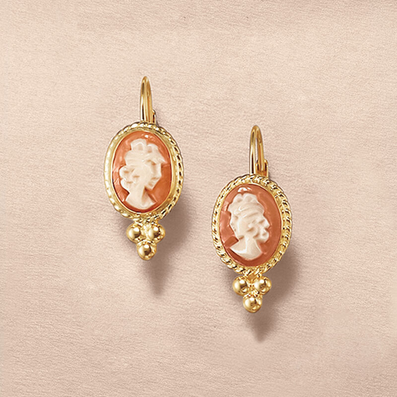 Bezel-Set Shell Cameo Drop Earrings in 14kt Yellow Gold  image number 3