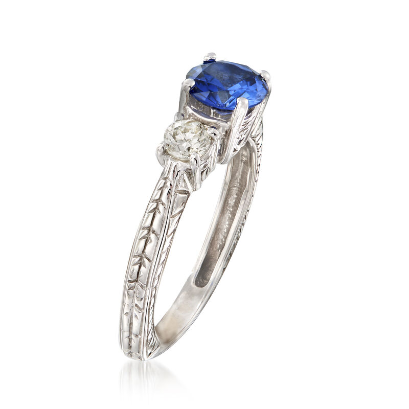 C. 1990 Vintage 1.00 Carat Sapphire and .35 ct. t.w. Diamond Ring in 14kt White Gold. Size 6 image number 2