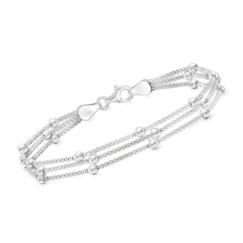 Italian Sterling Silver Three-Strand Bead Station Bracelet. 7&quot; image number 0