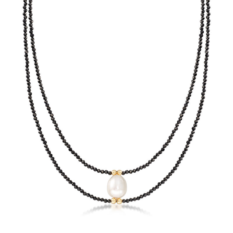 10-10.5mm Cultured Pearl and 30.00 ct. t.w. Black Spinel Bead Necklace in 14kt Yellow Gold image number 0
