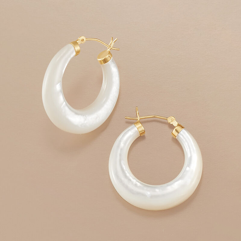 Mother-of-Pearl Hoop Earrings with 14kt Yellow Gold. 1 1/8" image number 2