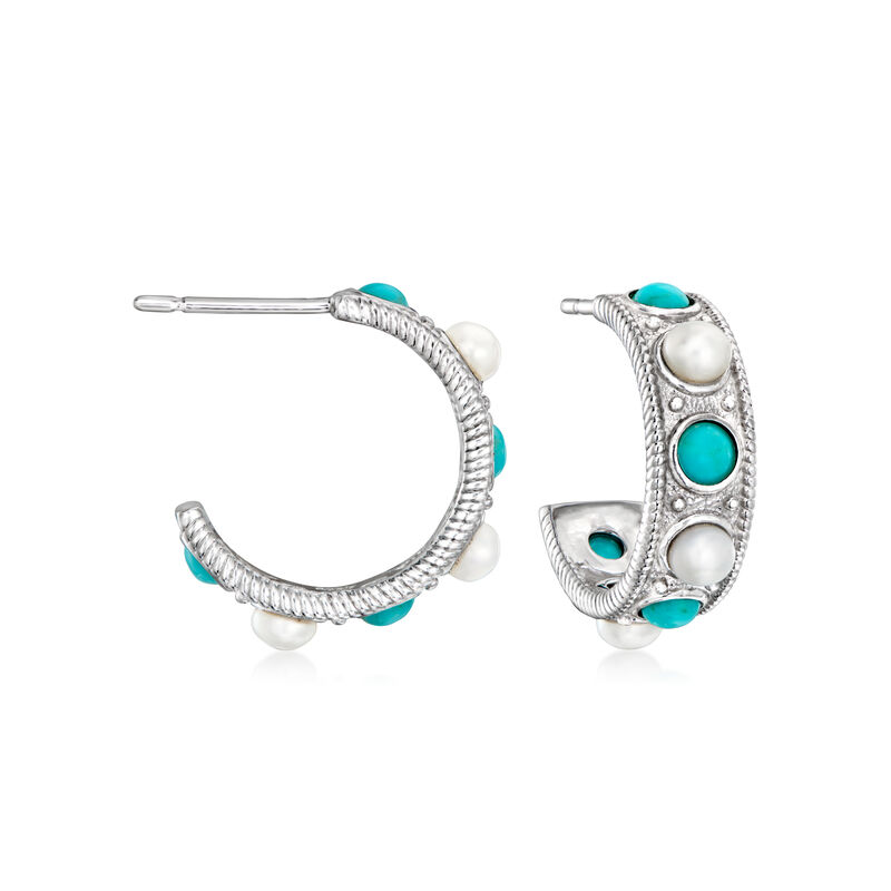 Turquoise and 3-3.5mm Cultured Pearl Hoop Earrings in Sterling Silver. 5/8&quot; image number 0