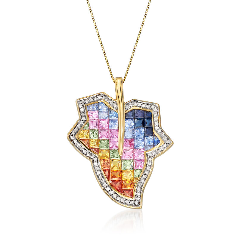 6.90 ct. t.w. Multicolored Sapphire and .35 ct. t.w. Diamond Leaf Pendant Necklace in 14kt Yellow Gold. 18&quot; image number 1
