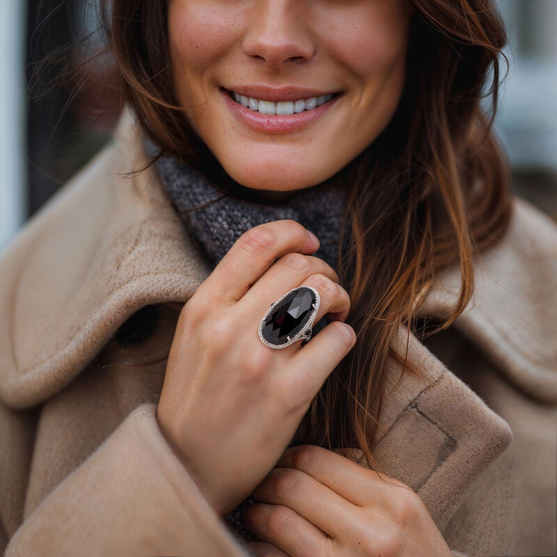 Black Onyx, .40 ct. t.w. Black Spinel and .40 ct. t.w. White Topaz Cocktail Ring in Sterling Silver image number 1