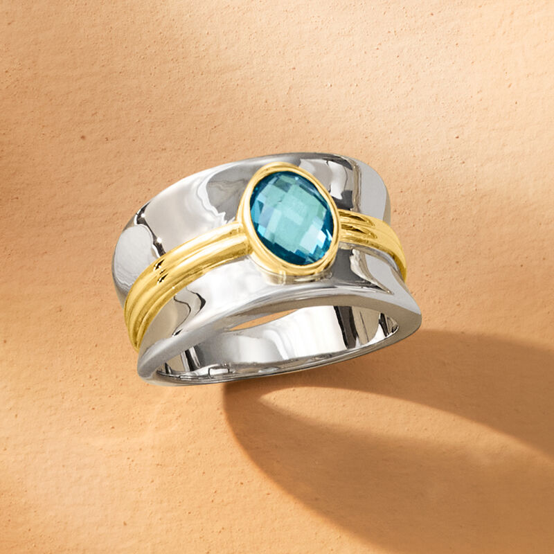 1.20 Carat Swiss Blue Topaz Ring in Sterling Silver and 18kt Gold Over Sterling image number 4