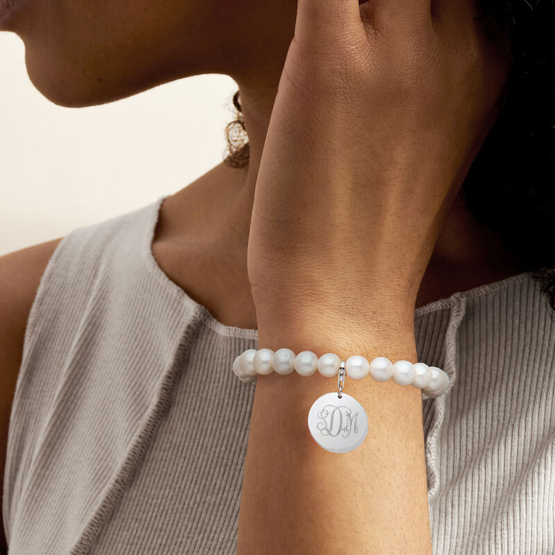 8-8.5mm Cultured Pearl Bracelet with Removable Sterling Silver Personalized Disc Charm image number 1