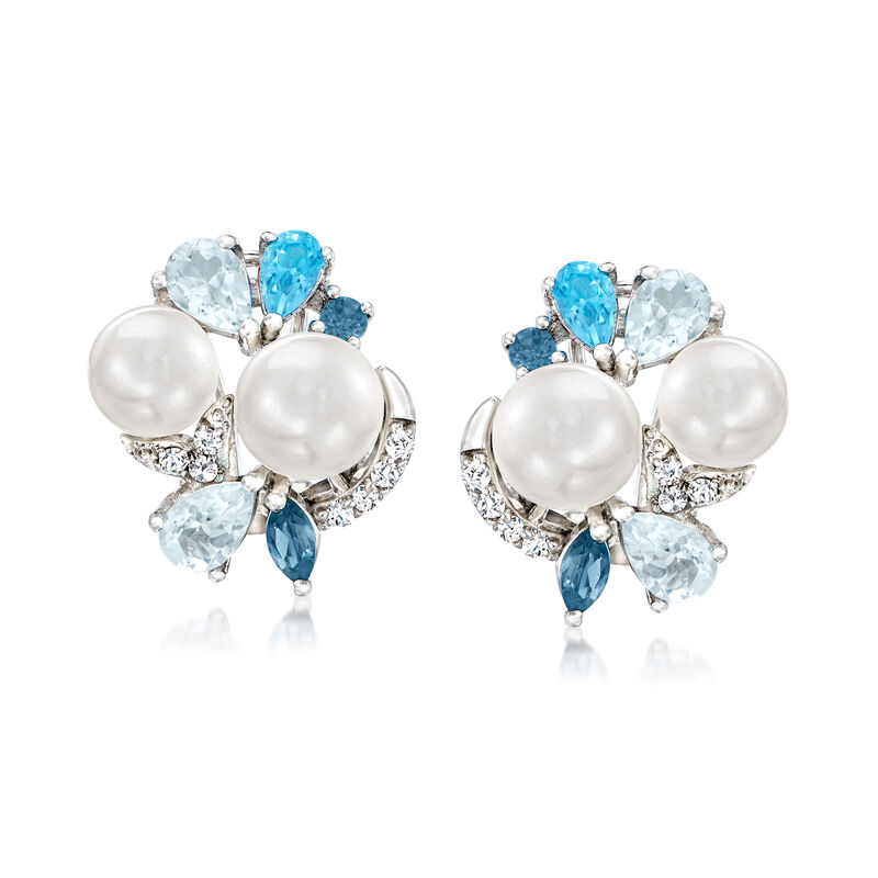 6.5-8mm Cultured Pearl and 3.00 ct. t.w. Tonal Blue Topaz Drop Earrings with .20 ct. t.w. Simulated White Sapphire in Sterling Silver image number 0