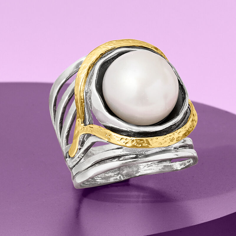 11.5-12mm Cultured Pearl Openwork Ring in Sterling Silver and 14kt Yellow Gold image number 5