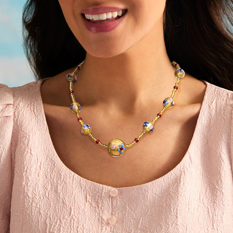 Italian Multicolored Murano Glass Floral Bead Necklace with 18kt Gold Over Sterling. 18&quot; image number 0