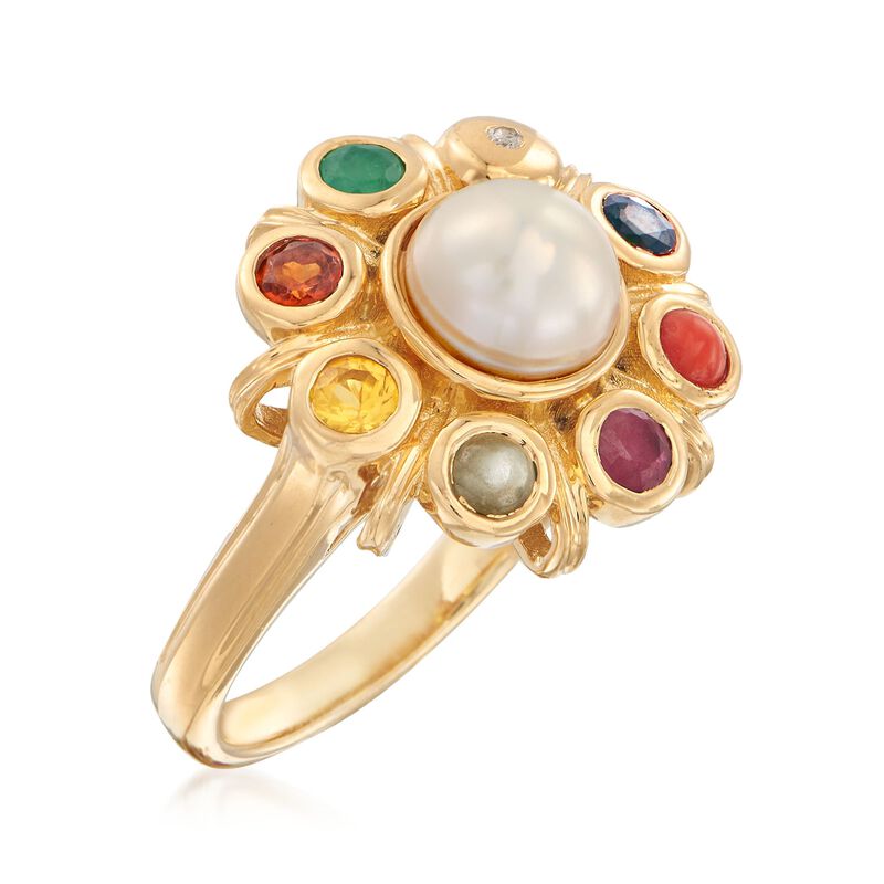 7mm Cultured Button Pearl and .49 ct. t.w. Multi-Stone Ring in 18kt Gold Over Sterling image number 2