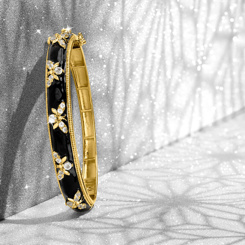 1.40 ct. t.w. White Topaz and Black Enamel Bumblebee Bangle Bracelet in 18kt Gold Over Sterling image number 4