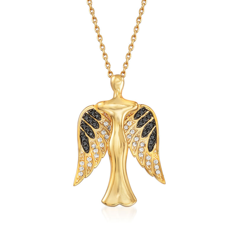 .25 ct. t.w. Black and White CZ Angel Pendant Necklace in 18kt Gold Over Sterling image number 0