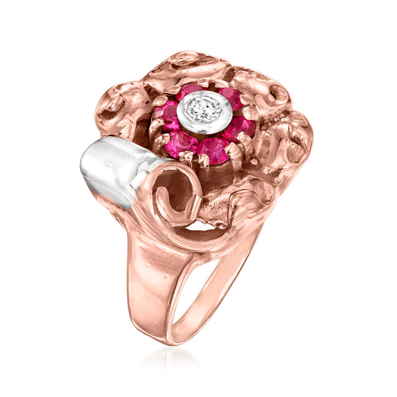 C. 1940 Vintage .60 ct. t.w. Lab-Grown Ruby Flower Ring with Single Diamond in 14kt Rose Gold image number 2