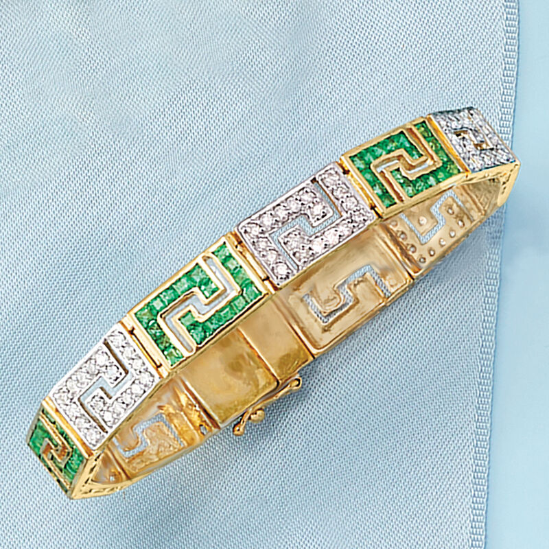 3.40 ct. t.w. Emerald and 1.70 ct. t.w. Diamond Greek Key Bracelet in 18kt Gold Over Sterling image number 2
