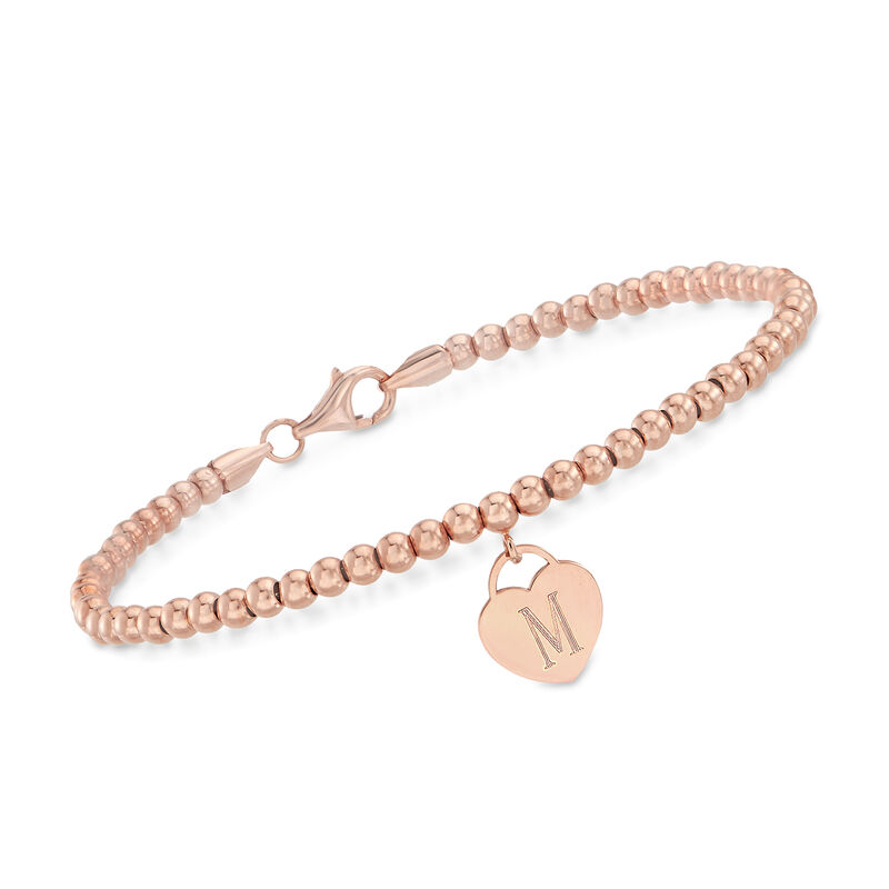 Single Initial Heart Charm Personalized Beaded Bracelet in 14kt Rose Gold image number 0