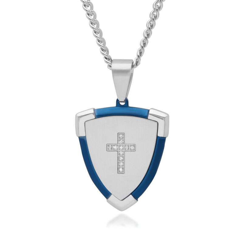 Men's Blue and White Stainless Steel Cross Shield Pendant Necklace with Diamond Accents image number 0