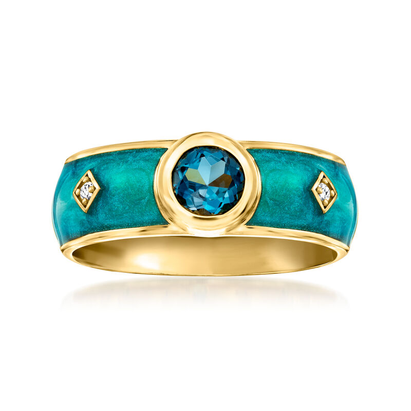 .40 Carat London Blue Topaz and Turquoise-Colored Enamel Ring with Diamonds in 18kt Gold Over Sterling image number 0