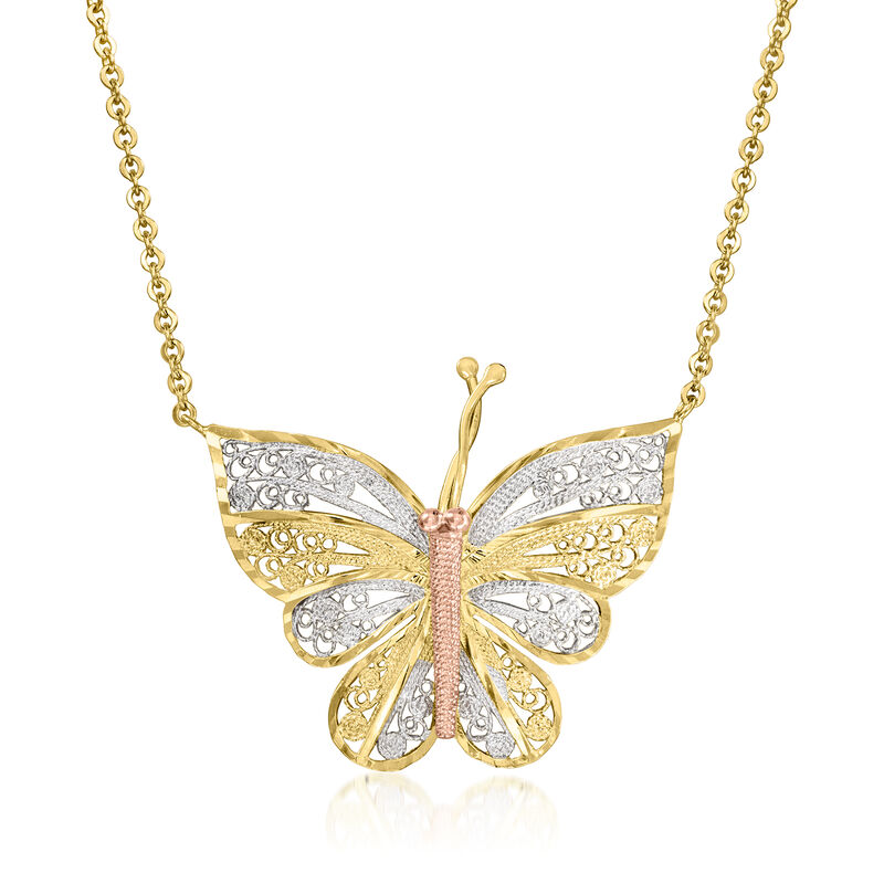 C. 1980 Vintage 14kt Tri-Colored Gold Butterfly Necklace. 17" image number 0