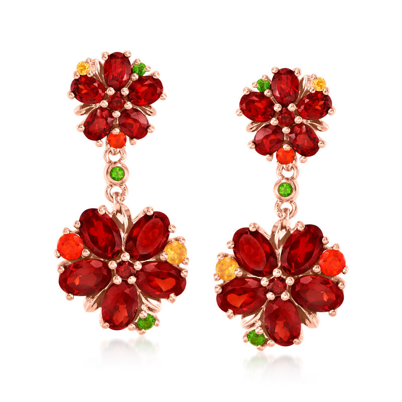 6.55 ct. t.w. Multi-Gemstone Flower Drop Earrings with Fire Opals in 18kt Rose Gold Over Sterling image number 0