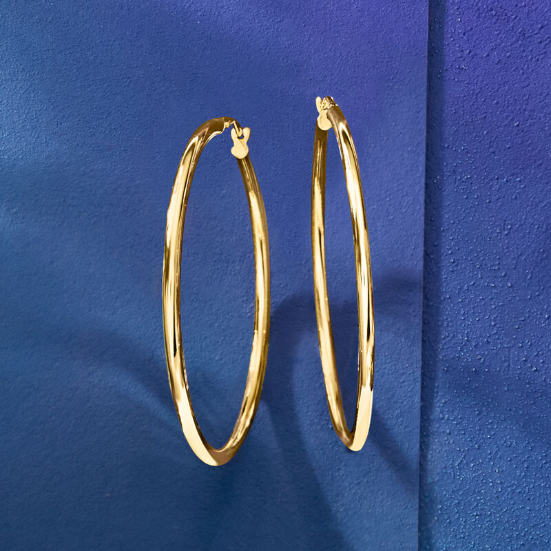 Italian 2mm 14kt Yellow Gold Hoop Earrings. 1 5/8" image number 2
