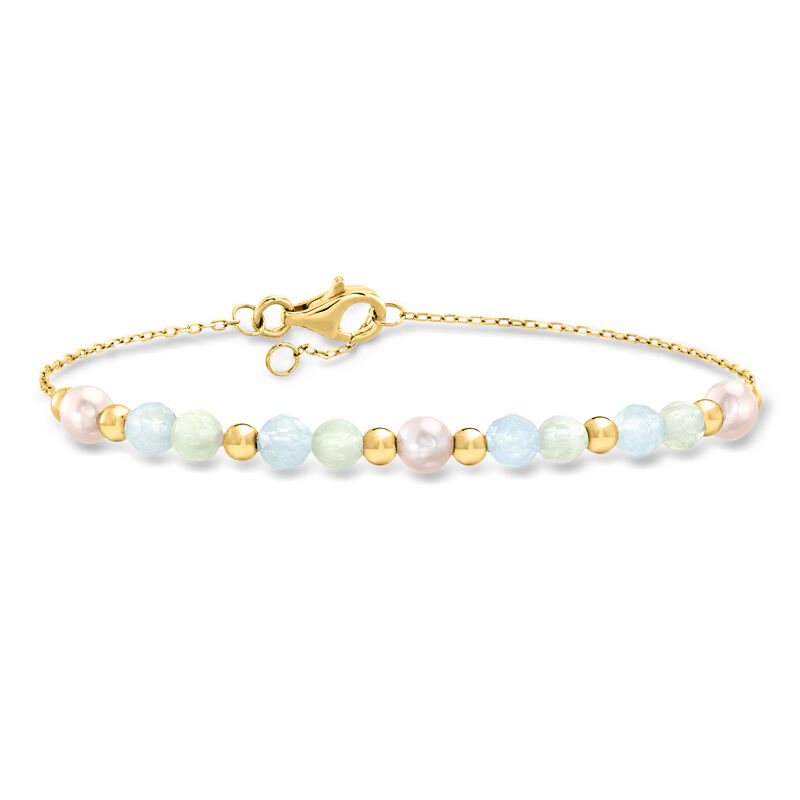 1.80 ct. t.w. Aquamarine and 4-4.5mm Prehnite Bead Bracelet with 4.5-5mm Cultured Pearls in 18kt Gold Over Sterling image number 0