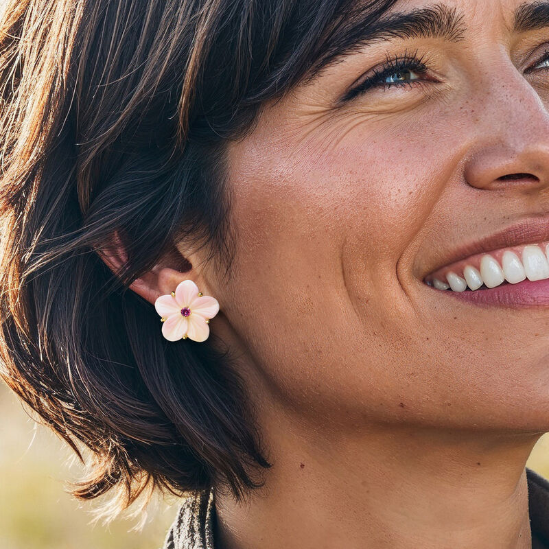 Carved Pink Shell Flower Earrings with .30 ct. t.w. Rhodolite Garnets in 18kt Gold Over Sterling  image number 1