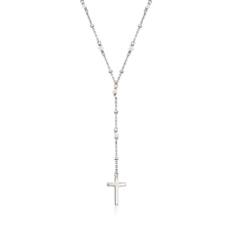 2.6mm Cultured Pearl Rosary Beads with Cross Necklace in Sterling Silver. 16&quot; image number 1