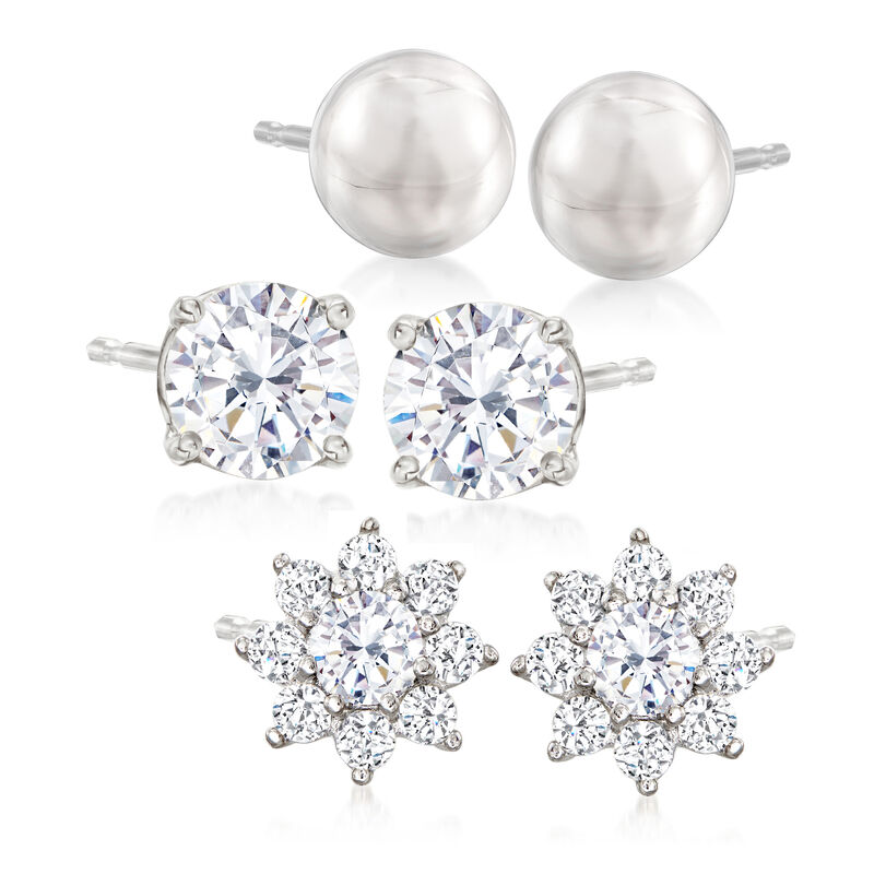 1.30 ct. t.w. CZ Jewelry Set: Three Pairs of Stud Earrings in Sterling Silver image number 0