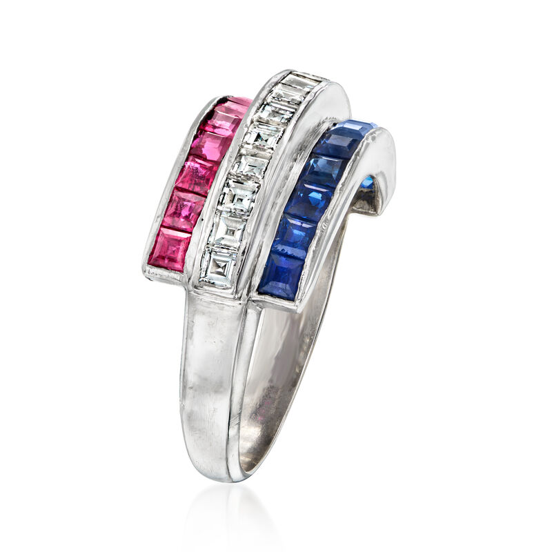 C. 1980 Vintage .91 ct. t.w. Ruby, .91 ct. t.w. Sapphire and .74 ct. t.w. Diamond Ring in Platinum. Size 6 image number 2