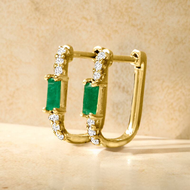 .10 ct. t.w. Emerald and .10 ct. t.w. Diamond Paper Clip Link Hoop Earrings in 14kt Yellow Gold. 3/8" image number 2