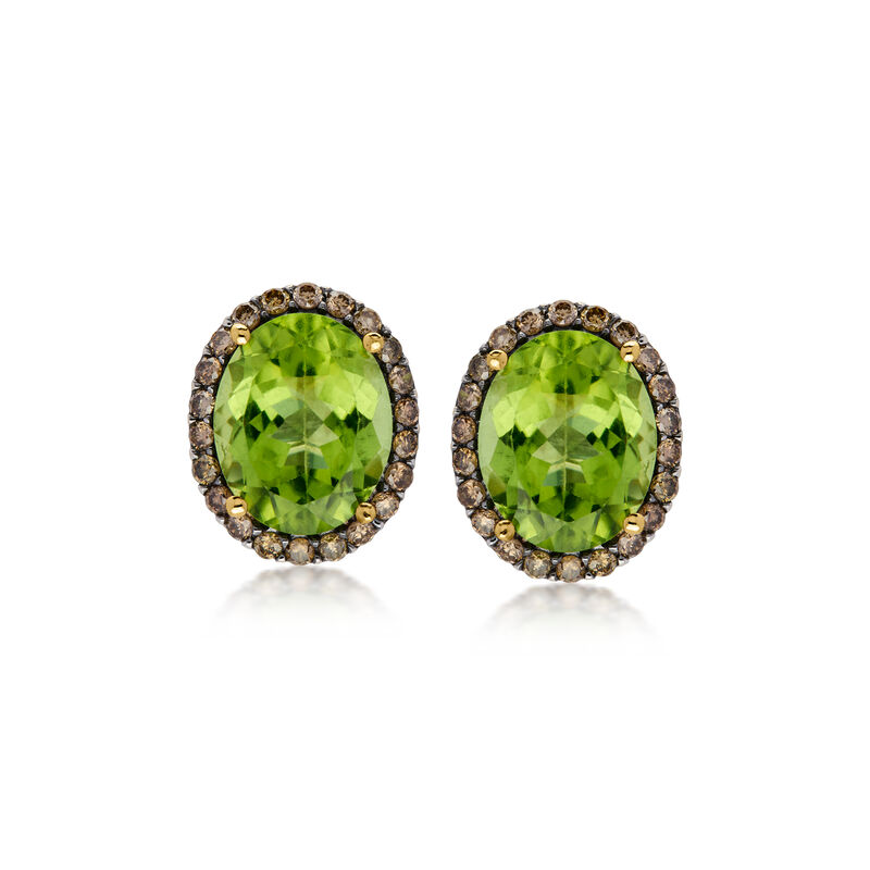 C. 1990 Vintage 6.20 ct. t.w. Oval Peridot Earrings with .65 ct. t.w. Brown Diamonds in 14kt Yellow Gold image number 0