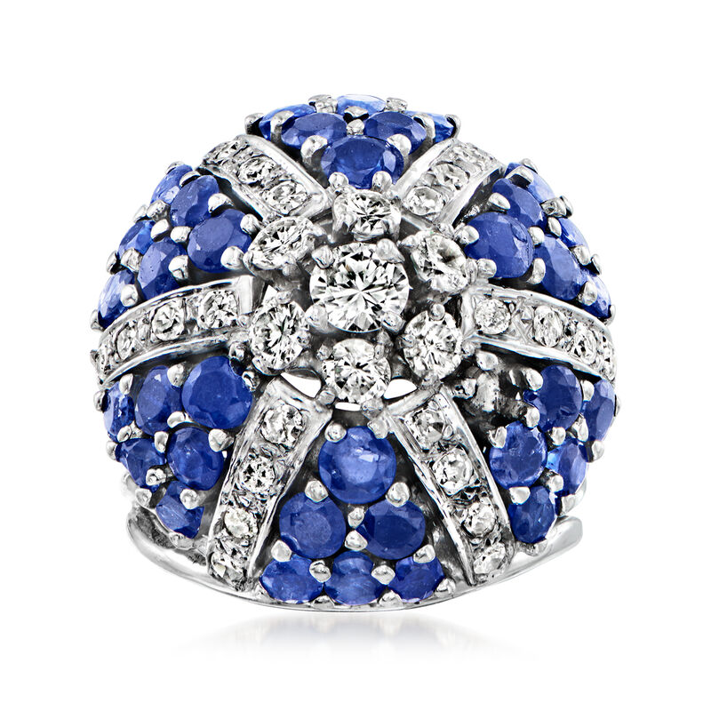 C. 1980 Vintage 4.50 ct. t.w. Sapphire and 1.15 ct. t.w. Diamond Cluster Ring in 14kt White Gold. Size 6 image number 0